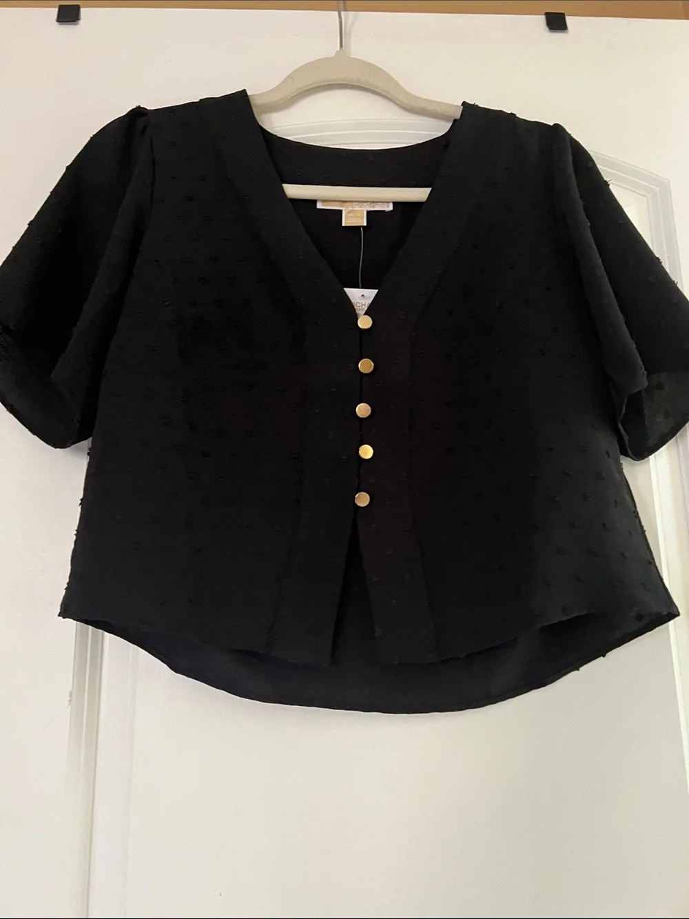 Michael Kors  Black V-Neck Dot Textured Button Front Top